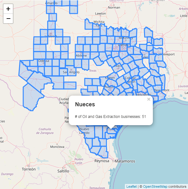 Leaflet map with a popup open, showing number of Oil and Gas Extraction businesses: 51 in Nueces County