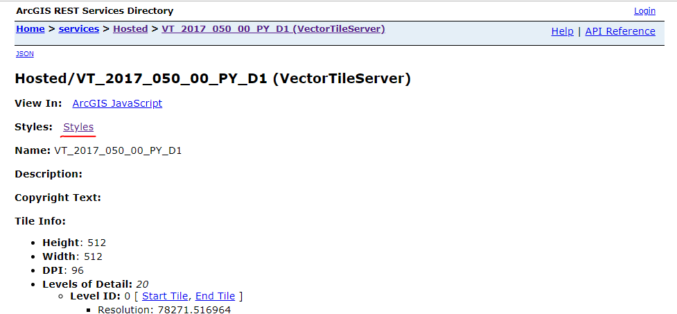 Vector tile's page, with style link underlined