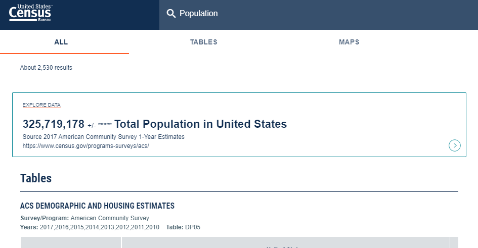 Figure of the data.census.gov website with all search results of the "Population" term
